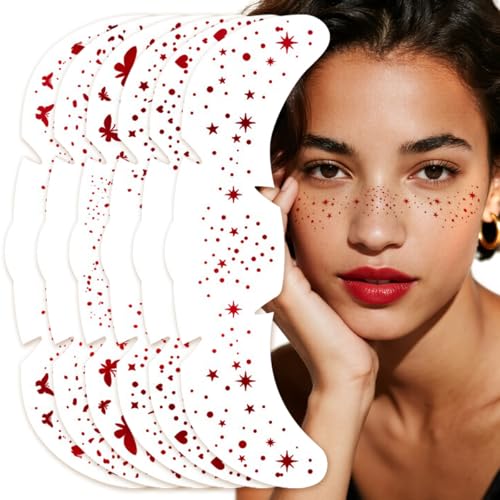 Face Glitter Makeup Patches 6 Piece Waterproof Freckle Stickers Red Hearts Stars and Butterflies Design Glitter Freckles Face Tattoo