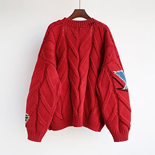 Image of chouyatou Women's Cable Knit Embroidery Patchwork Cardigan V Neck Long Sleeve Open Front Button Down Sweater