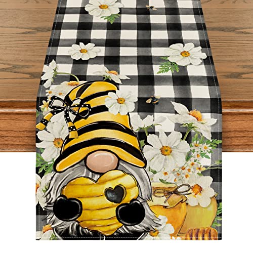 Artoid Mode Buffalo Plaid Gnomes Honey Summer Table Runner Seasonal Kitchen Dining Table Decoration for Home Party Decor 13×108 Inch