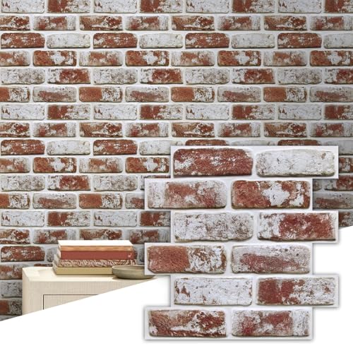 Commomy 10 Pcs 3D Brick Peel and Stick - 11.8'' x 11.8'' Small Size Ultralight PVC Red Faux Brick Wallpaper Textured Wall Paneling for Backsplash,Kitchen,Living Room,Bedroom,RV, Interior Wall Tiles