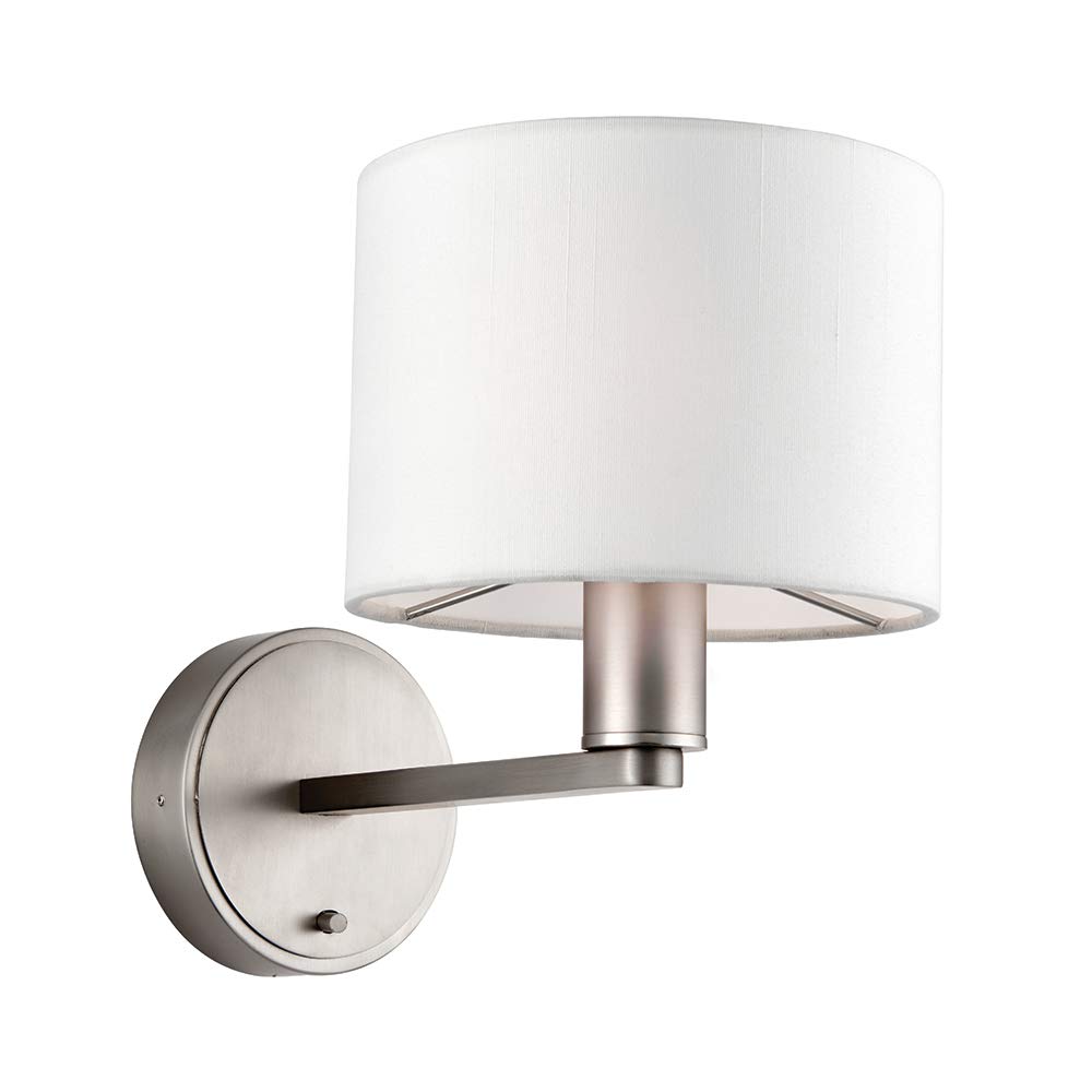 National Lighting Ben Modern White Fabric Shade Matt Nickel Bedside E14 LED Compatible Reading Wall Light with Toggle Switch