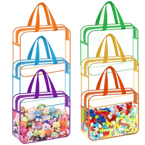 Bolsas de almacenamiento de juguetes transparentes de 6 colores, de PVC, impermeables, con asas, organizador de plástico transparente, reutilizable, con cremallera, bolsa de viaje para bloques de