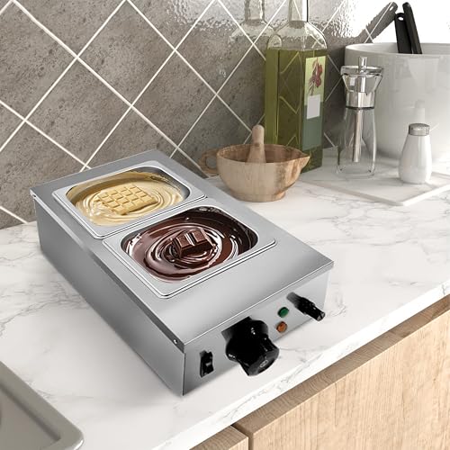 Chocolate Melting Machine, 2 Tanks Stainless Steel Chocolate Tempering Machine with Lid, 800 W Electric Commercial Food Warmer with Temperature Control Probe for Milk, Coffee, Cheese