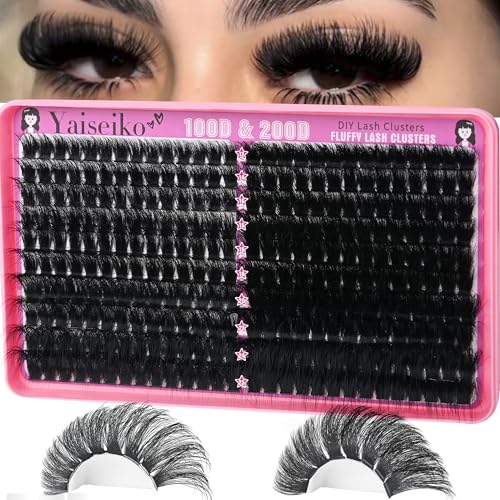 Fluffy Lash Clusters 100D+200D Thick Eyelash Clusters 12-25mm Wispy Individual Mega Volume Lashes D Curl Cluster Eyelash Extensions 280Pcs DIY Lash Extension at Home, by Yaiseiko(Plant Fiber)