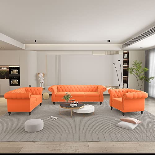 Image of QHITTY 3 Piece Living Room Set, Sectional Chesterfield Sofa Chair Contemporary Upholstered Velvet Loveseat Couch Sets for Living Room, Bedroom, Office
