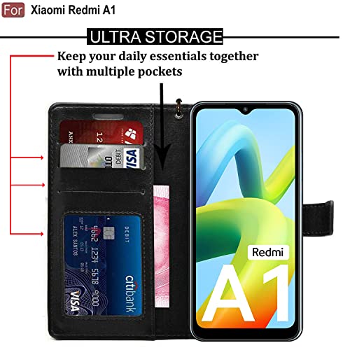 Image of CEDO Flip Cover for Redmi A1 / Redmi A2 (4G) | Leather Finish | Inside Pockets & Inbuilt Stand | Shockproof Wallet Style Magnetic Closure Back Case Flipcover (Black)