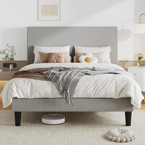 Image of Allewie Queen Bed Frame, Corduroy Tufted Headboard, Light Grey | Soft Corduroy Fabric, Adjustable Headboard, 900 lb Capacity, Wooden Slats, No Box Spring Needed, Easy Assembly