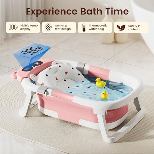 Image of Baby Bathtub,Foldable Baby Bath Tub for Newborn to Toddler (0-18 Months) - Collapsible Infant Tub for Travel with Thermometer, Soft Cushion,Pink