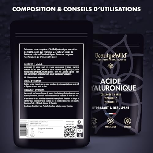 Acide Hyaluronique, Collagène Marin Naticol + Vitamine C + Vitamine E, complément alimentaire acide hyaluronique pour la peau et les articulations, 90 gélules pour 45 jours, Made in France – Image 8