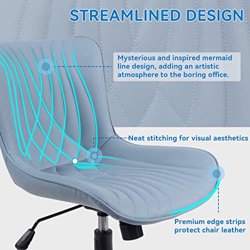 Image of YOUNIKE Office Chair, Adjustable Swivel Armless Desk Chair with Wheels, Aesthetic Home Office Computer Task Chairs, Modern Faux Leather Upholstered Vanity Chair with Back, Blue