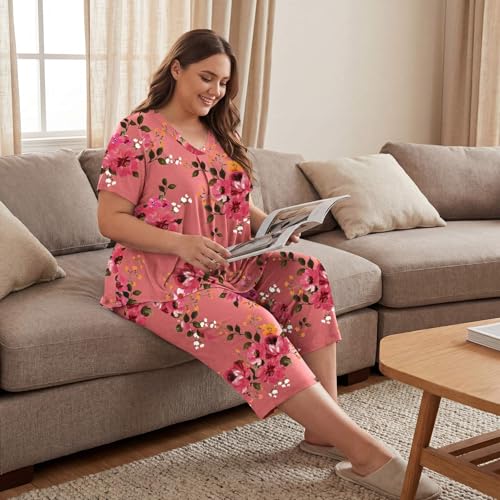 Image of Bestbee Women's Pajama Sets 2 Piece Lounge Outfits Summer Sleepwear V Neck Short Sleeve Capri Pant With Pockets Ladies Pjs