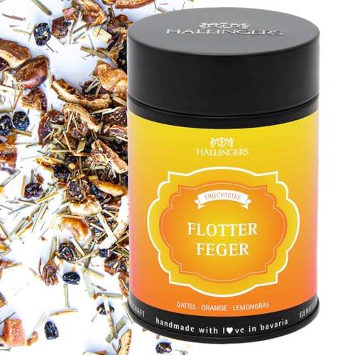 Hallingers Genuss Manufaktur Tee Geschenk - Loser Früchte-Tee mit Dattel, Orange & Lemongrass, edle Geschenkdose Flotter Feger, Geschenkidee für Frauen & Teeliebhaber
