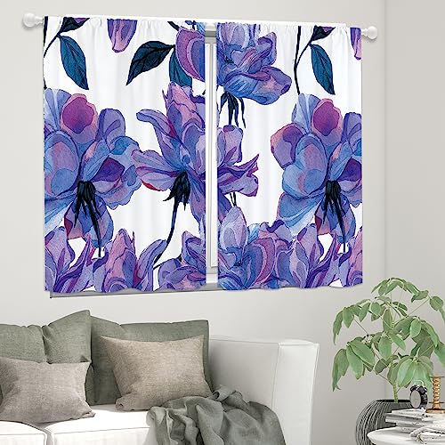 Purple Floral Curtains For Kitchen, Watercolor Flower Kitchen Curtains, Small Short Cafe Rod Pocket Wildflower Curtains Vintage Botanical Women Bathroom Window Treatment Drapes 27.5X39 Inch 2 Panels #TOP3
