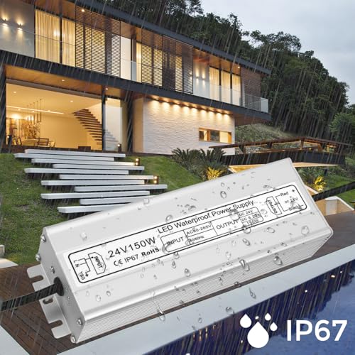 Image of LED Driver 150W 24V Power Supply, IP67 Waterproof Low Voltage Transformer, AC 80-265V to DC 24V 6.25A Converter with 3-Prong Plug 3.3 Feet Cable for Outdoor LED Lights, Industrial, Computer