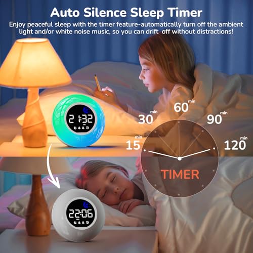HERMIC Wecker Digital, Kinderwecker mit Nachtlicht, 12 White Noise, 2 Alarmanzeige, Snooze und Timer, Einstellbare Helligkeit, Wecker für Schulanfänger, Netzbetrieben