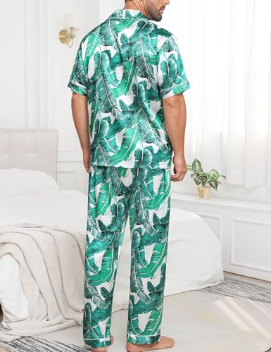 Image of SWOMOG Mens Satin Pajama Set Short Sleeve Classic Sleepwear Button Down Silky Loungewear with Long Pants