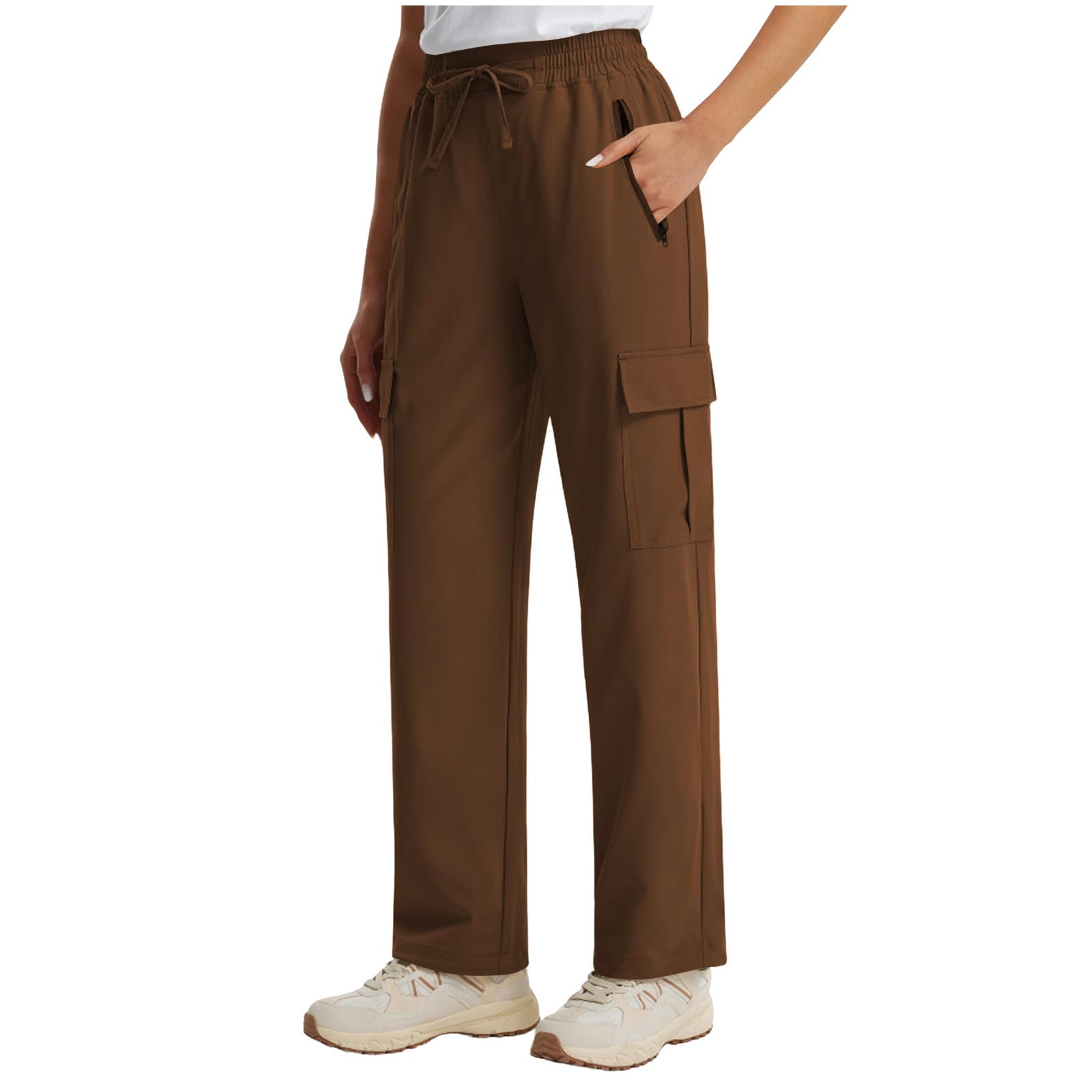 Women's Summer Hiking Pants Trendy Elastic Waist Lightweight Quick Dry Cargo Pant Casual Work Travel Safari Clothes(Brown,X-Large)