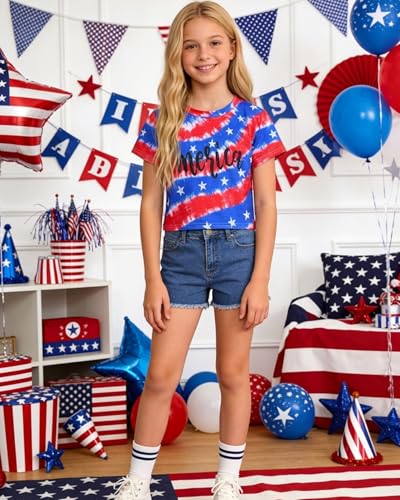 Image of DDSOL Girls July 4th Crop Tops Patriotic Shirt American Flag Short Sleeve Tshirts for Girl 6-14 Years