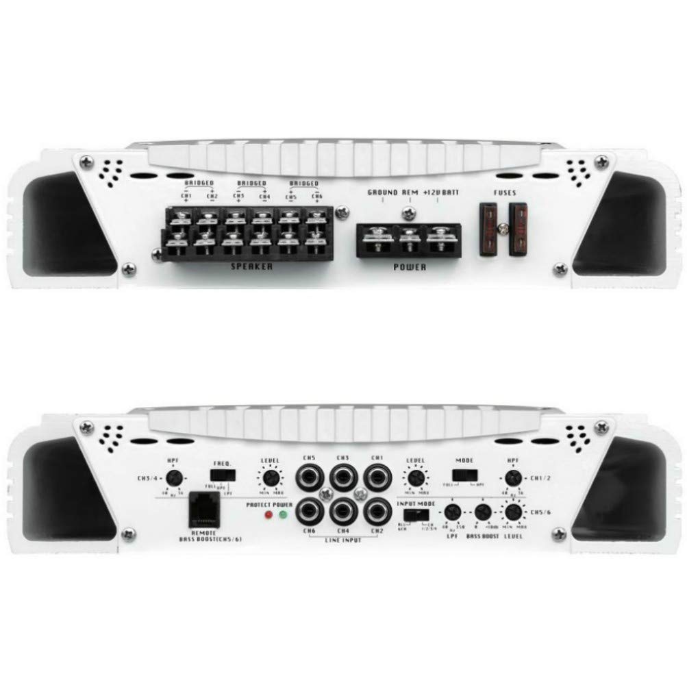 1 amplificatore marino 6 canali compatibile con PYLE PLMRA620 2000 watt max 4x175 + 1x400 watt rms stabile 2 ohm barca bass boost 0 +/- 18 db, 1 pezzo
