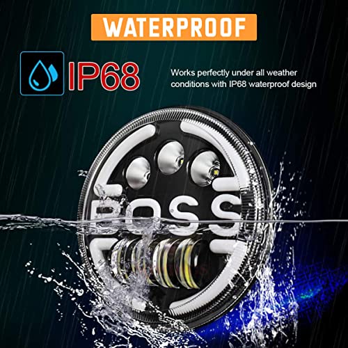 Image of Miwings Round LED Boss Style Hi /Low Beam 75W H4 Headlight Compatible with Royal Enfield, Jeep, Thar, Motorcycle, Cars, Harley Davidson, Amber & White, 7 inch