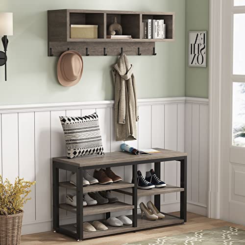 Image of Tribesigns Coat Rack Shoe Bench Set Industrial, Hall Tree with 3 Storage Cubbies, 7 Hooks for Entryway, Hallway, 5-in-1Design, Vintage Grey