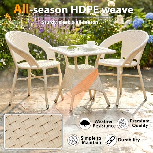Image of BRISHI 5-Piece Outdoor Rattan Wicker Patio Square Coffee Table Set | Garden Furniture for Balcony, Terrace, Poolside & Porch | Waterproof Bistro Sets for Home & Backyard (Cream)