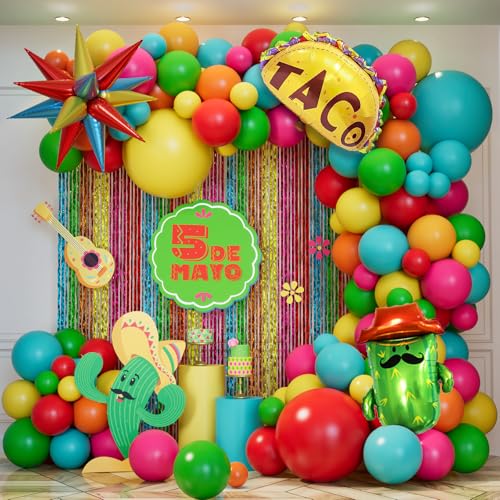 Image of Cinco de Mayo Fiesta Balloons Arch Kit, Rainbow Colors Balloon Garland for Mexican Party Decorations Birthday Taco Twosday Carnival Backdrop with Cactus Llama Sombrero Taco Foil Balloons