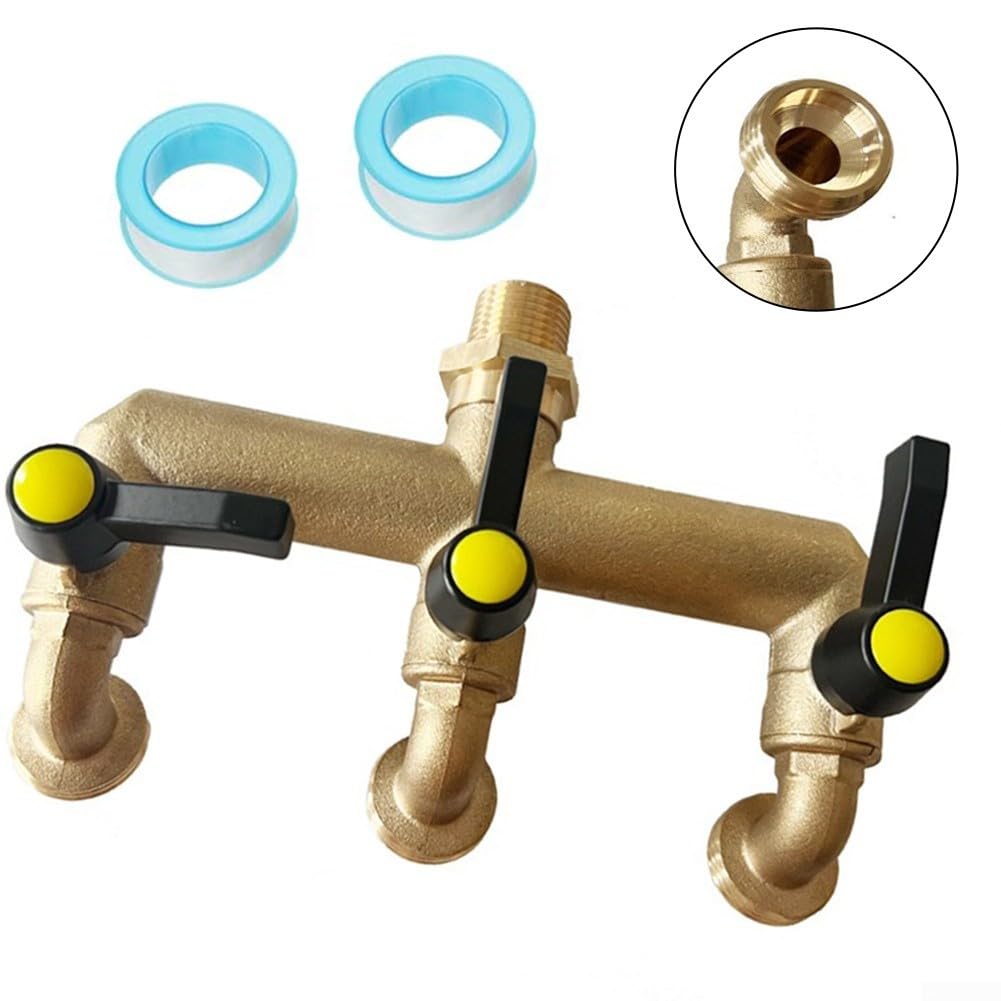 1 pz erogatore rubinetto, rubinetto da giardino in ottone a 3 vie con valvola a sfera di deviazione con ingresso NPT e uscita GHT consente di collegare contemporaneamente due timer di irrigazione (3/4