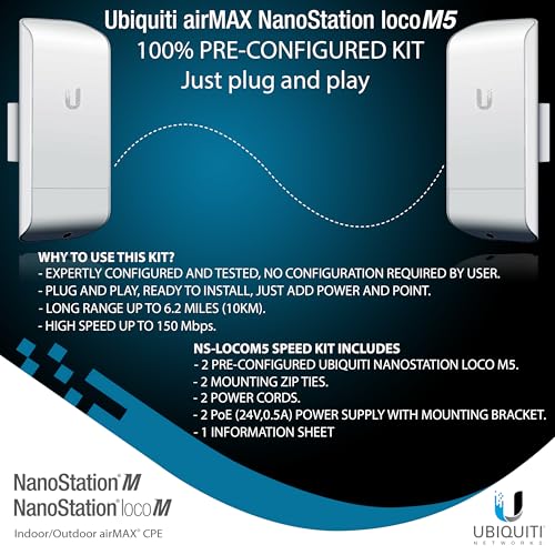 Image of Wireless Bridge Ubiquiti LOCOM5 PRE-CONFIGURED, Bundle of 2 Ubiquiti Nanostation LOCO M5, Point to Point Outdoor WiFi Bridge, Plugh and Play, 5GHz, 150+Mbps, 10+km Link Range, Network Bridge.