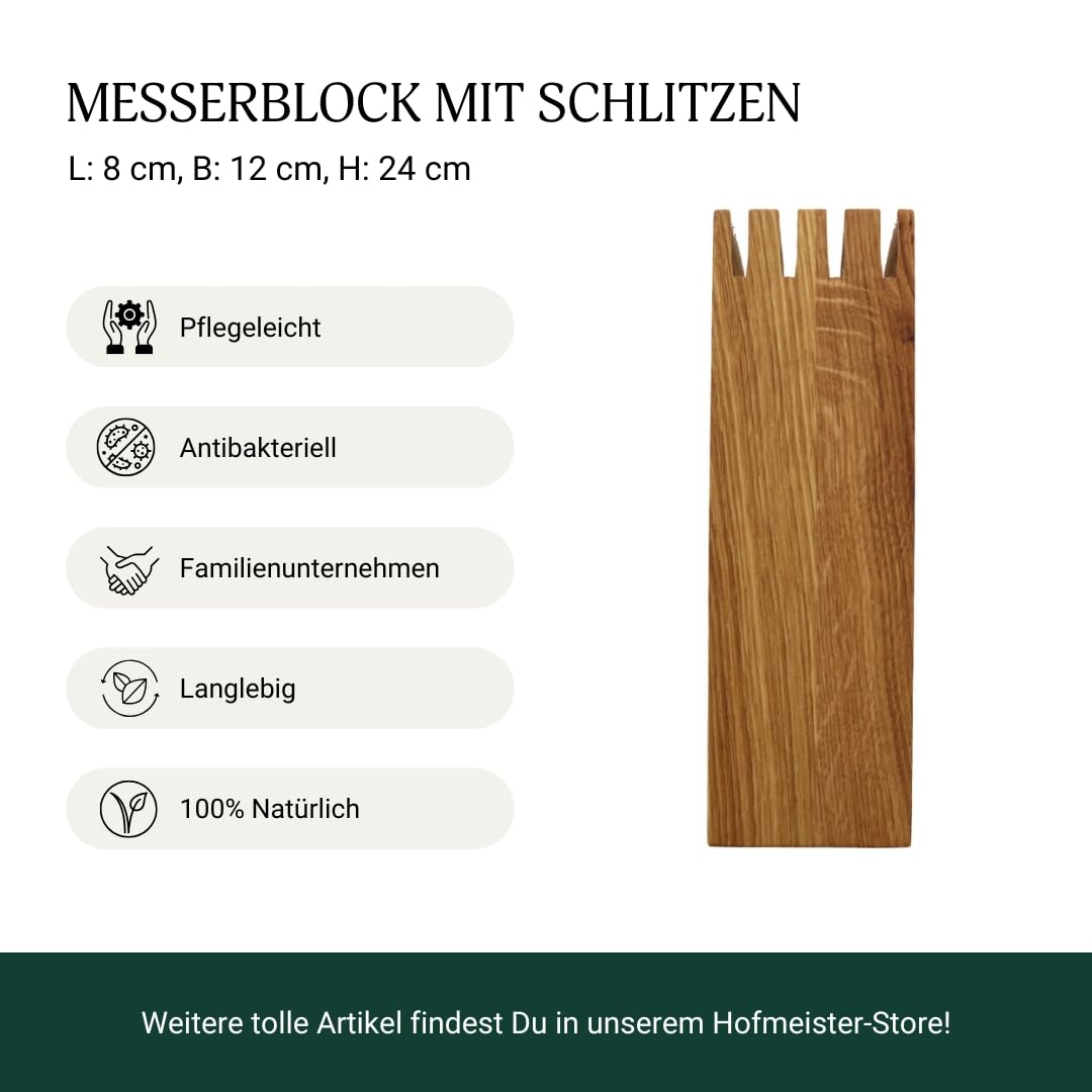 HOFMEISTER® Messerblock aus Eiche 24x12x8 cm – massiver Holz Messerblock mit Schlitzen – sicherer Messerhalter, rutschfest & handgefertigt – stilvolle Aufbewahrung für Küchenmesser