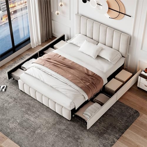 4ft6 Double Bed Frame with 4 Storage Drawers Upholstered Platform Bed with Adjustable Channel Tufted Headboard Velvet Sturdy Metal-Wood Support No Box Spring Needed Easy Assembly Beige Double Bed