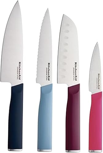 KitchenAid Juego de cuchillos de chef de 4 piezas con fundas para hojas, cuchillo de chef de 6 pulgadas, Santoku de 5 pulgadas, cuchillo utilitario