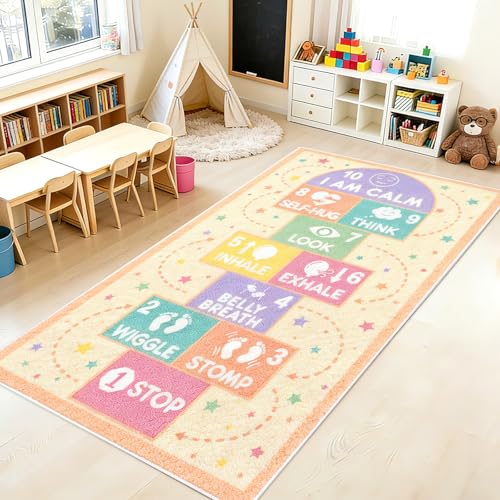 Hopscotch Classroom Rug 3x5 Washable Calming Corner Items for Kids Non-Slip Soft Large Area Rugs Emotional Regulation Space Play Mat for Nursery Playroom Reading Bedroom Living Room Home Decor