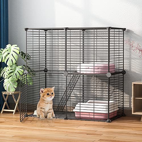 Eiiel Small Animal Cage with Dense Dense Metal Wire , 2x2x3 Cat Kitten, Ferret Crate , Kennels ,Pet Playpen Indoor for Rabbit Puppy Guinea Pig, Bunny and Chinchilla ,28L x 14W x 28H Inchs