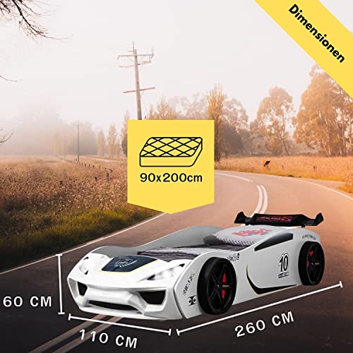 Coemo Kinder Autobett Dream Racer Kinderbett 90x200 im Rennwagen Design mit LED Beleuchtung und Lattenrost für Jungen und Mädchen - Betten Farbe Weiß - Rennbett