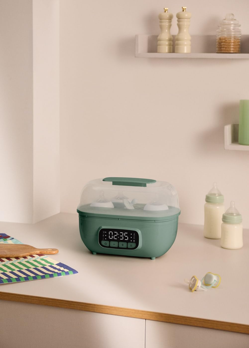 CREATE/BABY BOTTLE CARE/Multifunktionssterilisator mit Trocknungsfunktion Salbeigrün/Fassungsvermögen 8 Flaschen, vollständige Trocknung, sterile Aufbewahrung, Flaschenwärmer,Obsttrocknung, 600W