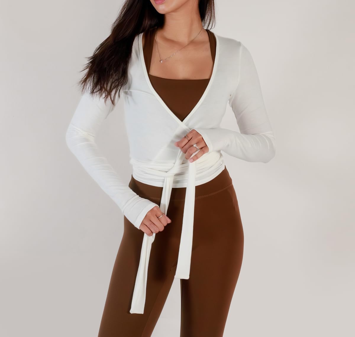 Meihuida Women Wrap Top Long Sleeve Deep V Neck Tie Workout Ballet Pilates Yoga Shirt with Thumb Holes - Image 5