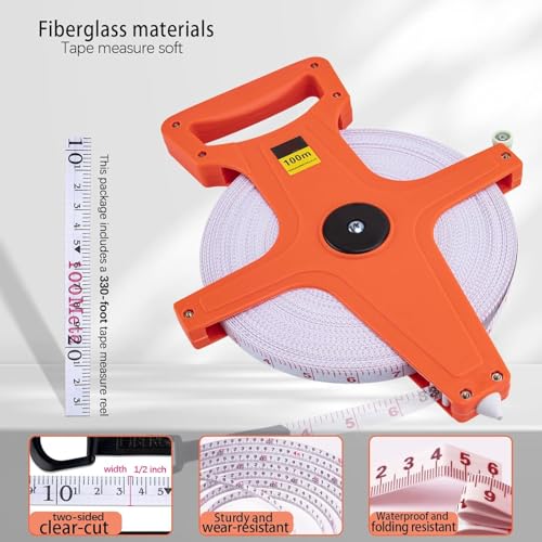 Nimomo Fiberglas Maßband, 100M /330 FT Glasfaser Bandmaß Rollbandmaß Doppelseitig Masbandrolle, Fiberglass Tape Measure Mit Ergonomischen Handgriff für Ingenieure, Garten, Feld