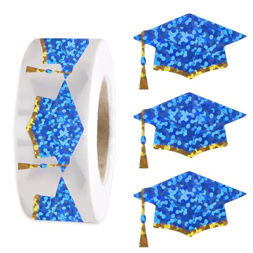Image of 500Pcs Graduation Cap Stickers Roll 1.2in Glitter Grad Stickers Blue with Gold Rim Label Tag Self-Adhesive Classroom Reward Waterproof Decals for Envelope Bottle Decor
