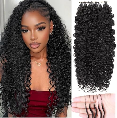 Miracle Invisible Knots Feather Human Crochet Hair 14 Inch 55g Pre-Looped for Burmese Curly (Open End) Natural & Bouncy Wave Invisible Seamless Knotless Soft BM Crochet Hair for Black Women (1B)
