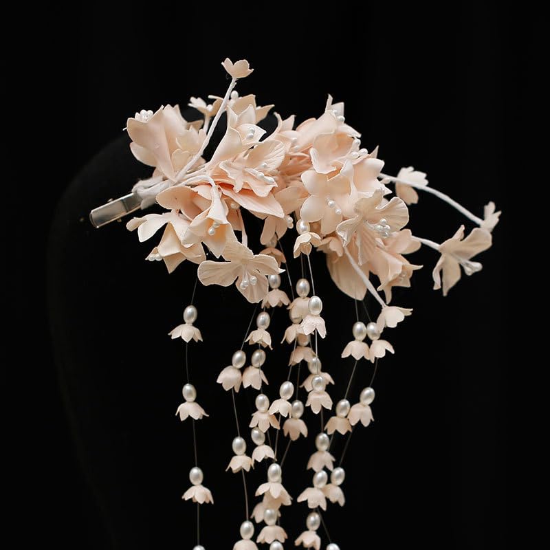 Flower Tassel Wedding Hair Clips Silver Pearl Hair Pieces Headpiece Hair Barrette Hair Pins Floral Bridal Hair Accessories for Women and Girls (White)