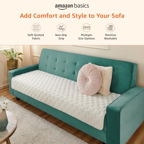 Image of Amazon Basics Quilted Sofa Cover for Three Seater, Playful Polka Dots, Non-Slip Sofa Pad, 70x180 cm, Soft Silicone Grip Dots, 100% Polyester, Machine Washable - Off-White