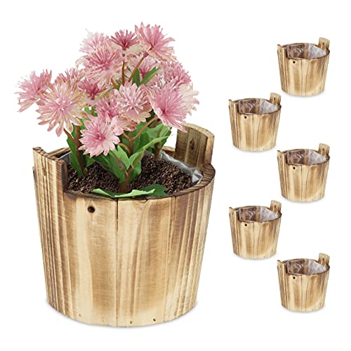 Relaxdays Holz Blumentopf, 6er Set, Garten Deko zum Bepflanzen, Balkon und...