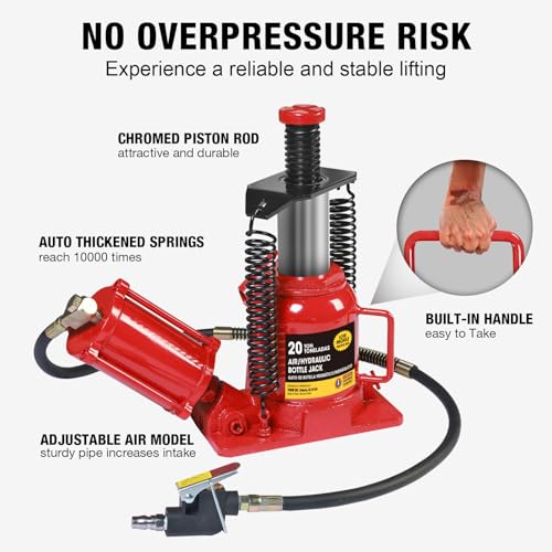 Image of Big RED Air Jack, 20 Ton Hydraulic Bottle Jack, Lift Range 7-1 /16 inch to 12-5 /8 inch, Low Profile Heavy Duty Jack with Dual-Power Operation, Adjustable Lift Range & Safety Valve - 20 Ton (40,000 LBS)