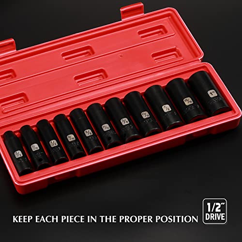 Image of EMENTOL 11PCS 1 /2 inch Drive Deep Impact Socket Set, 6-Point, CR-V, 11 Pieces 1 /2-Inch SAE Sockets, 3 /8 Inch - 1 Inch