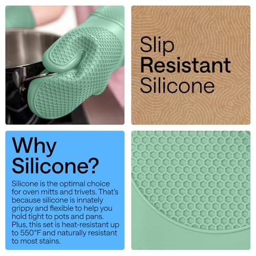Image of GORILLA GRIP BPA-Free Soft Silicone Oven Mitts and Pot Holders Sets of 4, Heat Resistant Waterproof Cooking Gloves, Thick Cotton Lining, Flexible Gripping for Baking Grilling, Kitchen Trivets, Mint