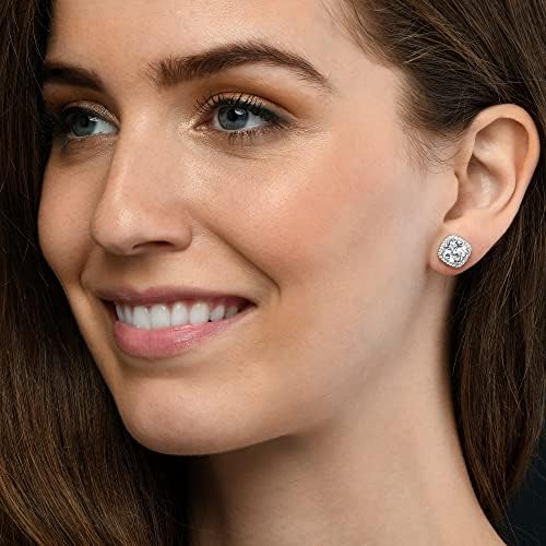 Diamond Treats 925 STERLING SILVER Earrings with Cushion White CZ, Sapphire, Emerald or Ruby Simulated Centre & FLAWLESS Sparkling Cubic Zirconia. The Silver Halo Earrings are a Lovely Gift for Her.