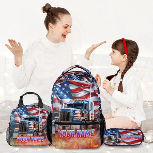 Personalized Backpack Sets for Kids - Set of 3 Truck Cool Schoolbag Matching Combo - Boys Preschool Bookbag and Pencil Case Bundle2