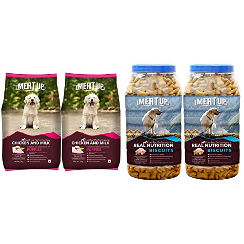 Image of Meat Up Chicken and Milk Puppy Dry Dog Food, 3kg (Buy 1 Get 1 Free) & Chicken Flavour Real Chicken Biscuit, 1kg (Buy 1 Get 1 Free)
