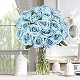 20PCS Artificial Roses with Long Stems - Realistic Silk Flowers, Fake Roses Real Touch Bouquet of Roses for Home Decor, Bridal Wedding Party Table Centerpieces, Bulk Faux Rose Flowers (Sky Blue)